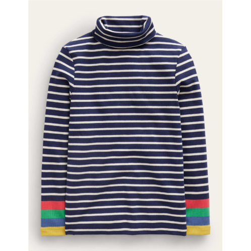 Boden Roll Neck Supersoft T-shirt - Navy/Ivory Multi Cuff