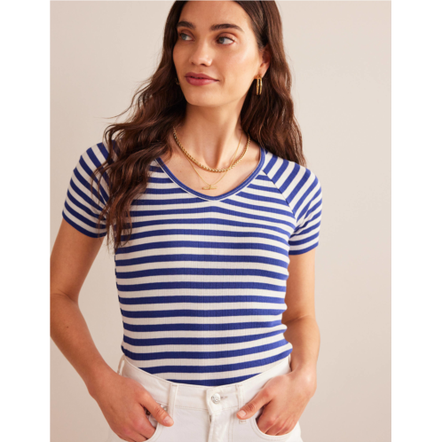 Boden Anna Rib V-Neck T-Shirt - Lapis Blue, Ivory Stripe