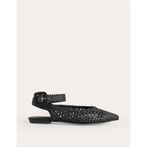 Boden Ankle Strap Pointed Flats - Black Woven Leather