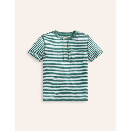 Boden Washed Cotton Henley T-shirt - Green Spruce/ Ivory Stripe