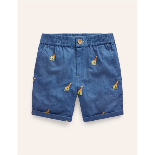 Boden Smart Roll Up Shorts - Chambray Giraffe Embroidery