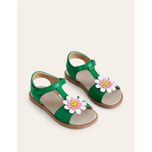 Boden Fun Leather Sandals - Green Smiley Flower