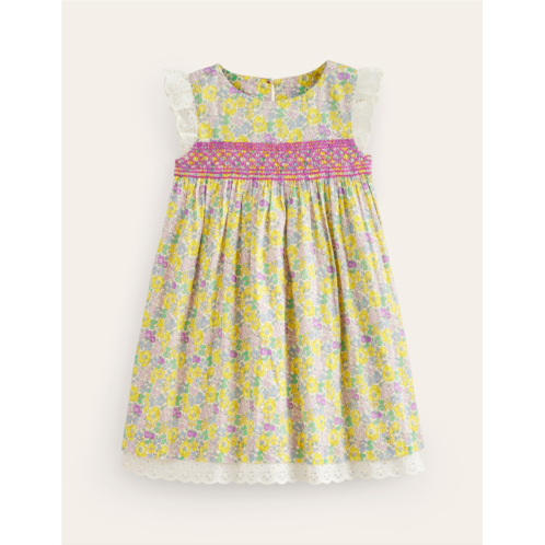 Boden Smocked Lace Trim Dress - Yellow Spring Bloom