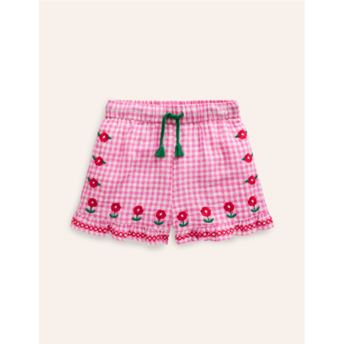 Boden Frill Hem Woven Shorts - Pink/ Ivory Gingham