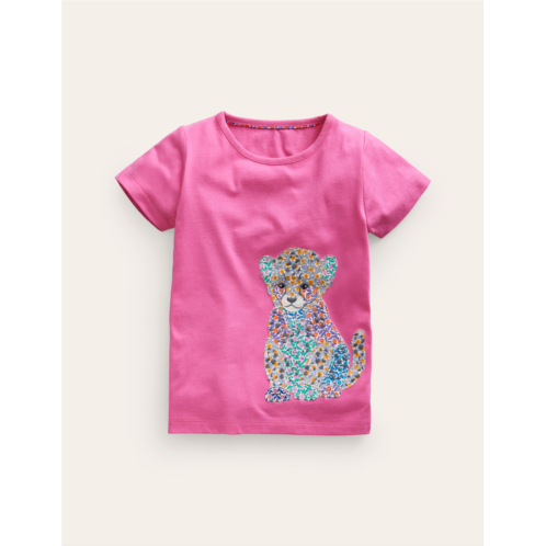 Boden Short Sleeve Applique T-shirt - Pink Baby Leopard