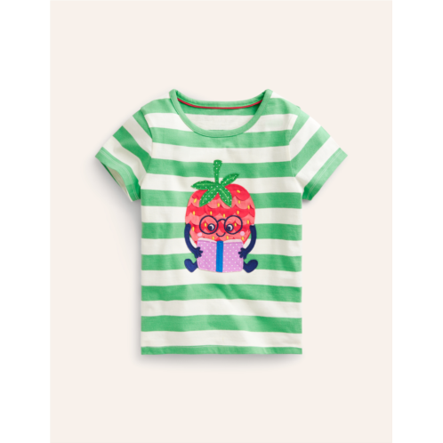 Boden Short Sleeve Applique T-shirt - Spruce Green/Ivory Strawberry
