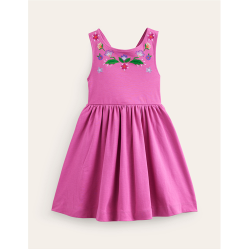 Boden Jersey Cross-back Dress - Salmon Pink Embroidery