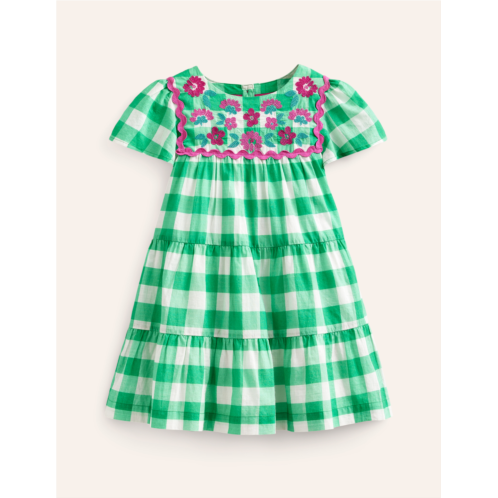 Boden Gingham embroidered dress - Pea Green/ Ivory Gingham