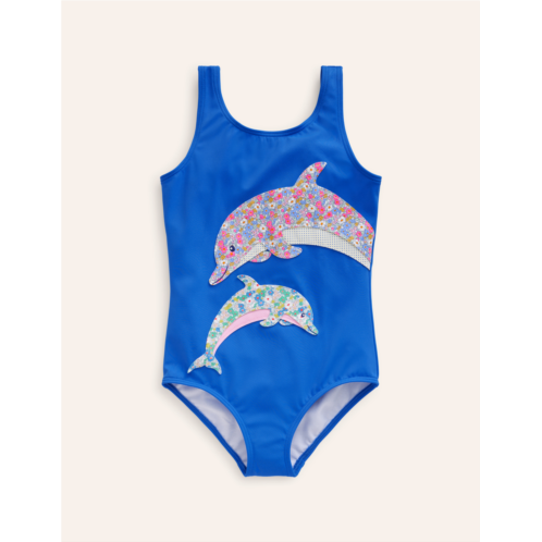 Boden Fun Applique Swimsuit - Aqua Blue Dolphin