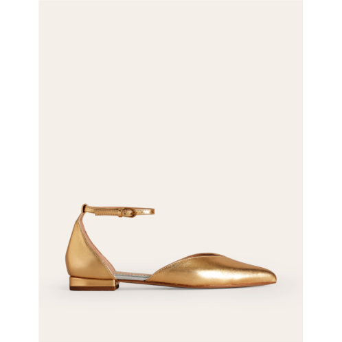Boden Ankle Strap Point Flats - Gold Metallic Leather