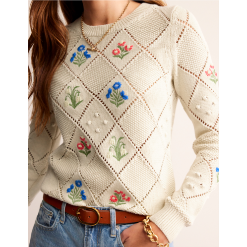 Boden Cotton Embroidered Sweater - Warm Ivory