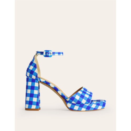 Boden Heeled Platform Sandals - Blue and White Gingham