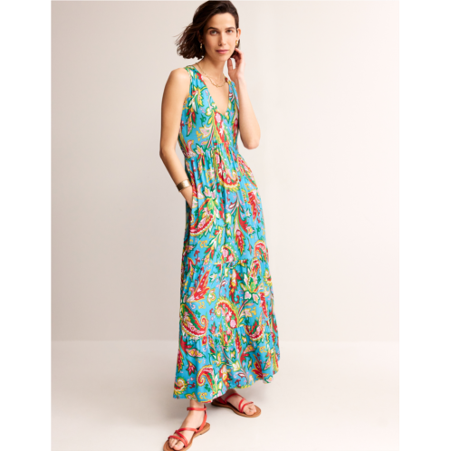 Boden Sylvia Jersey Maxi Tier Dress - Vivid Blue, Paisley Azure