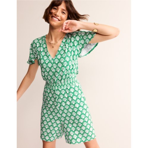 Boden Smocked Jersey Playsuit - Green Tambourine, Shells