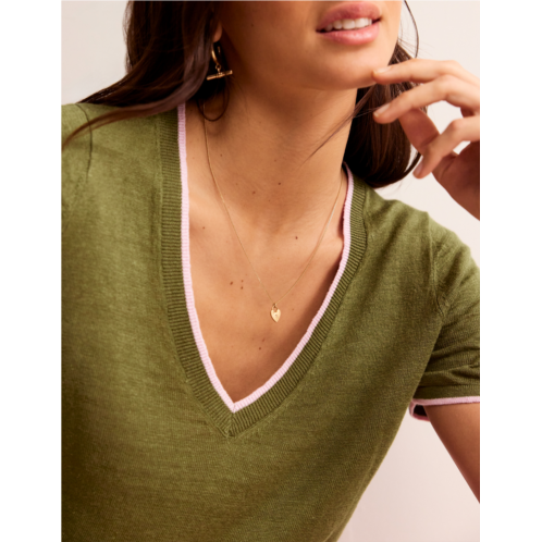 Boden Maggie V-Neck Linen T-Shirt - Spruce Green