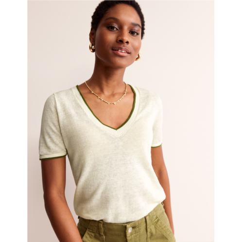Boden Maggie V-Neck Linen T-Shirt - Warm Ivory