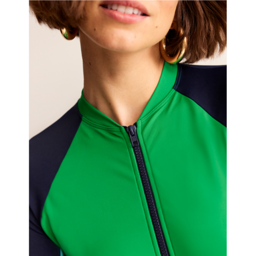 Boden Piped Raglan Sleeve Swimsuit - Navy/ Green Colourblock