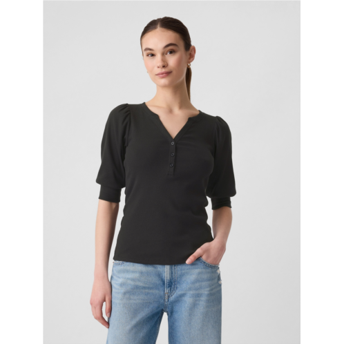 Gap Fitted Ribbed Henley Puff Sleeve Top
