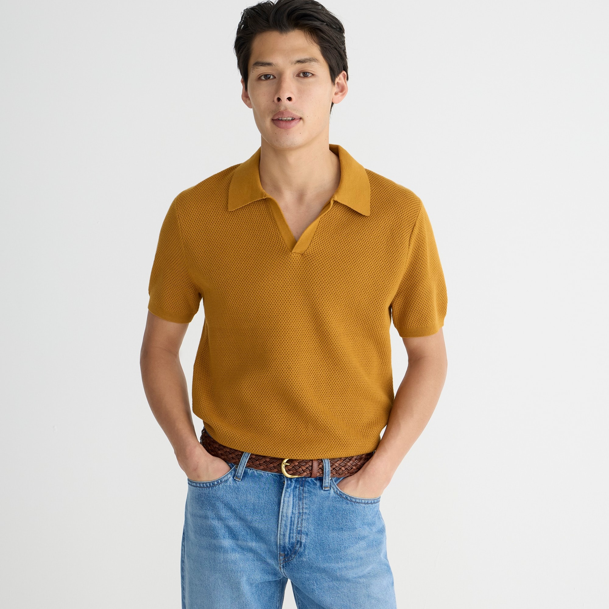 Jcrew Short-sleeve cotton mesh-stitch johnny-collar sweater-polo