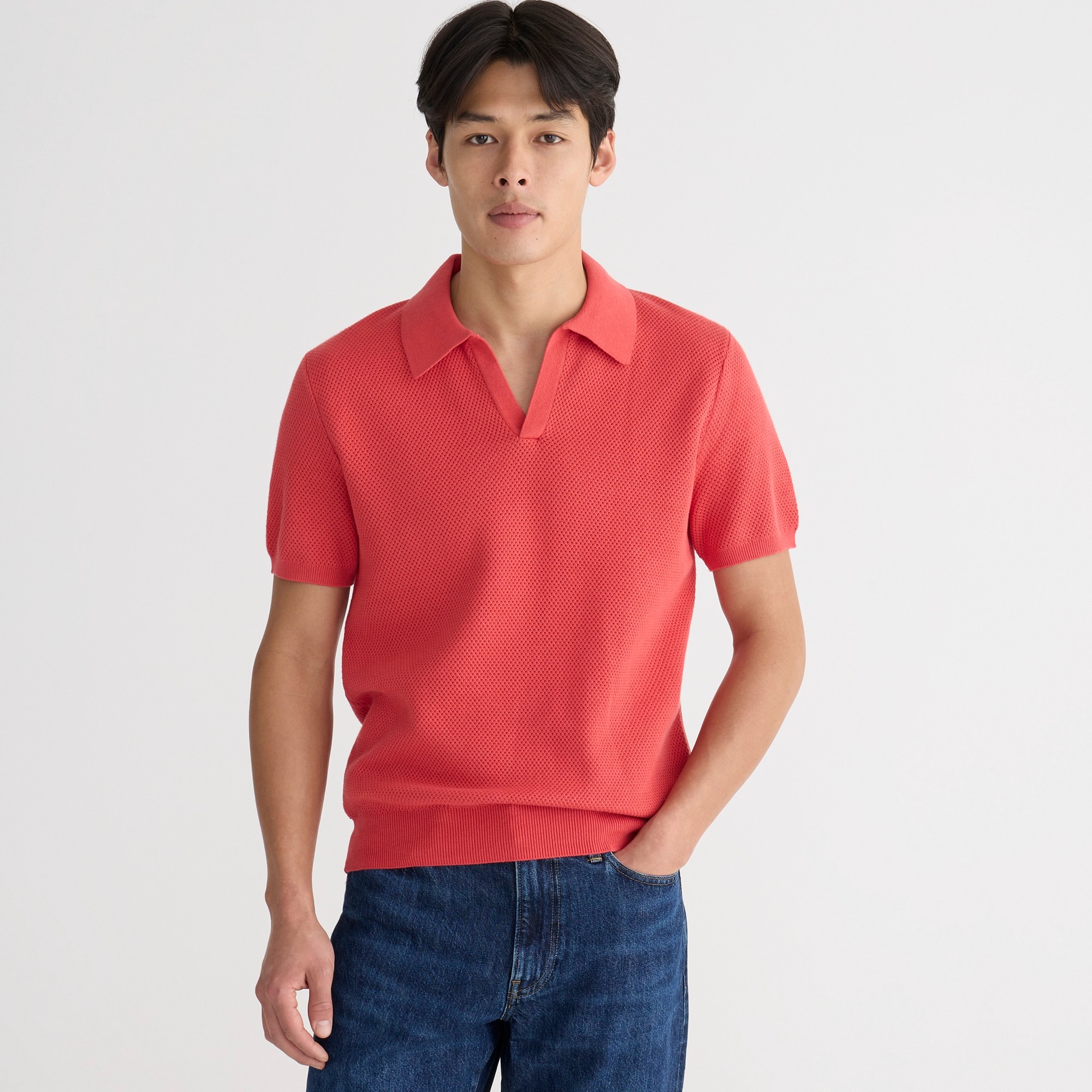 Jcrew Short-sleeve cotton mesh-stitch johnny-collar sweater-polo