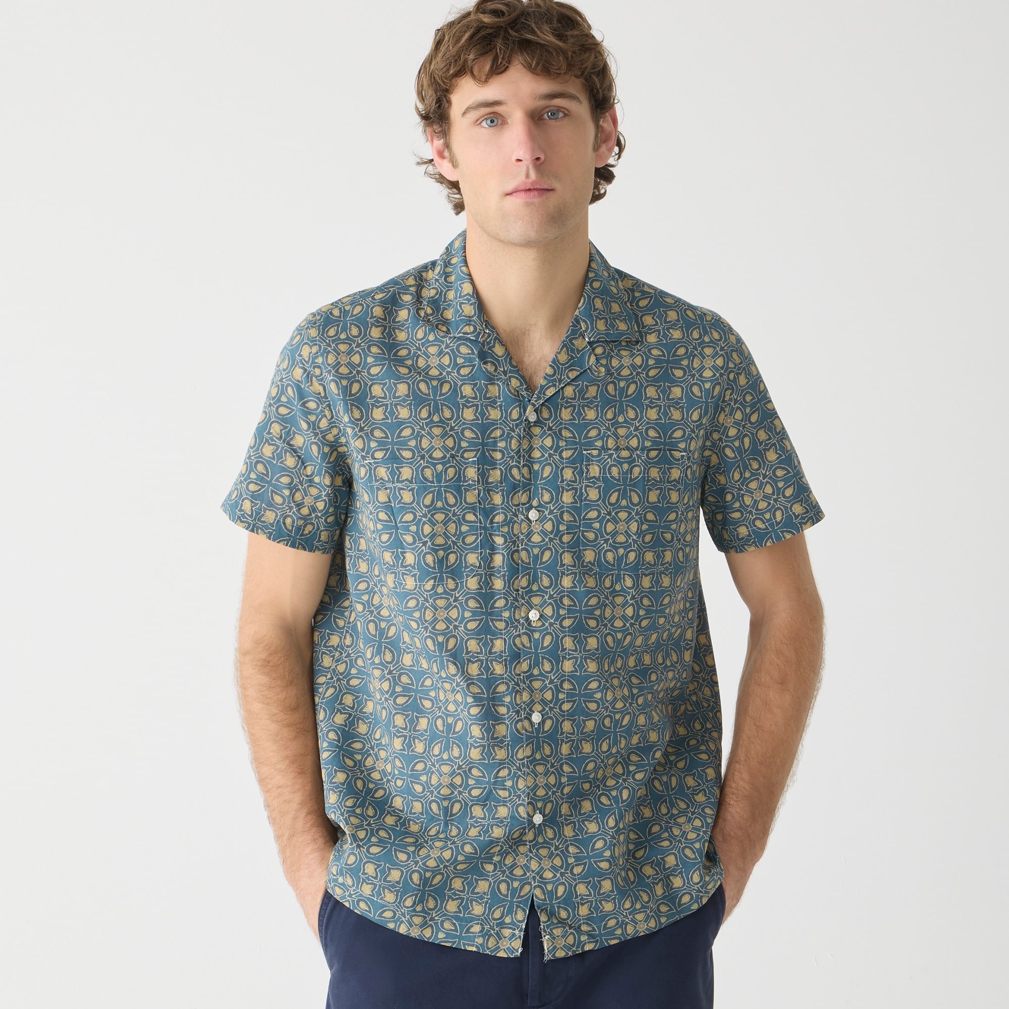Jcrew Short-sleeve slub cotton-linen blend camp-collar shirt in print