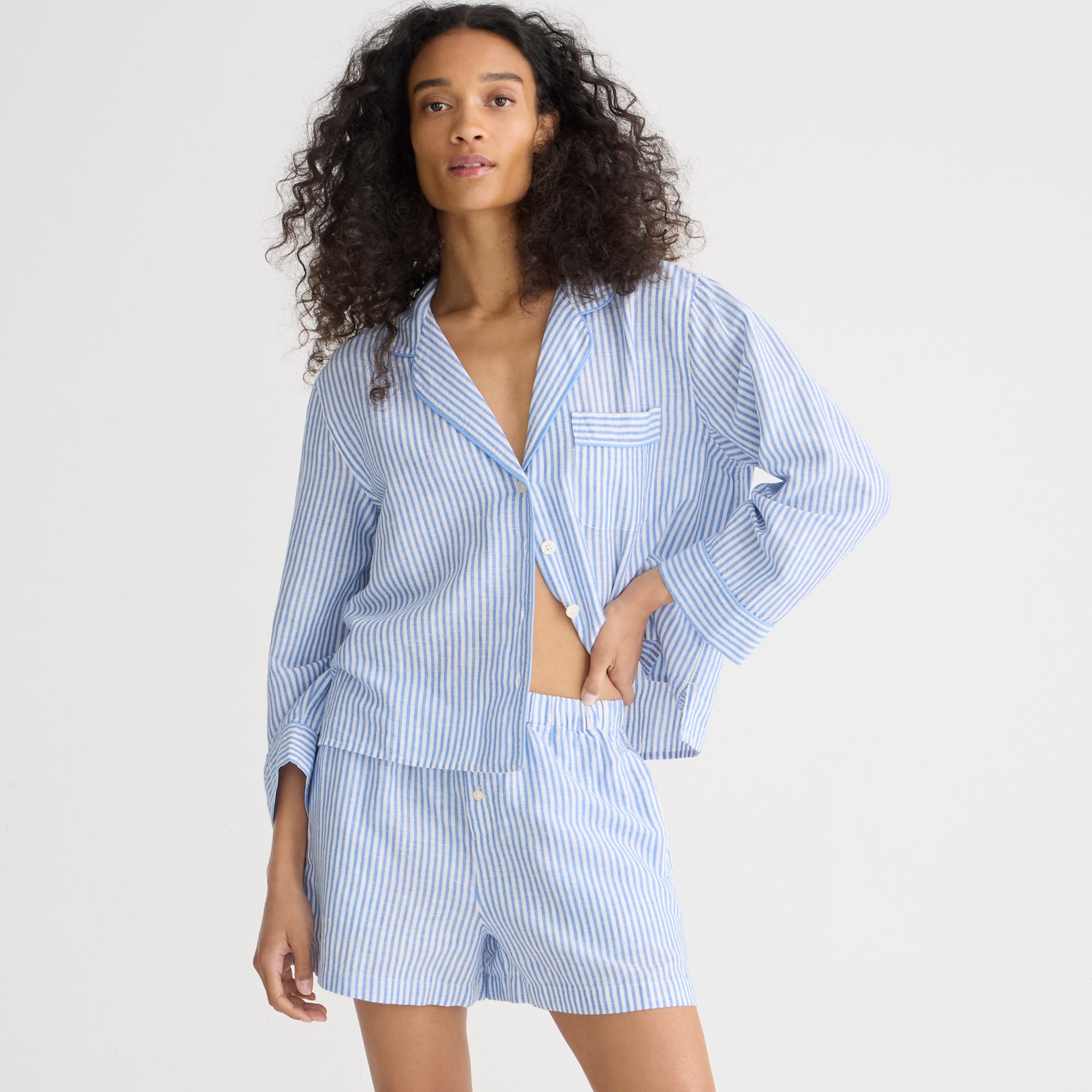 Jcrew Long-sleeve pajama short set in linen-cotton blend