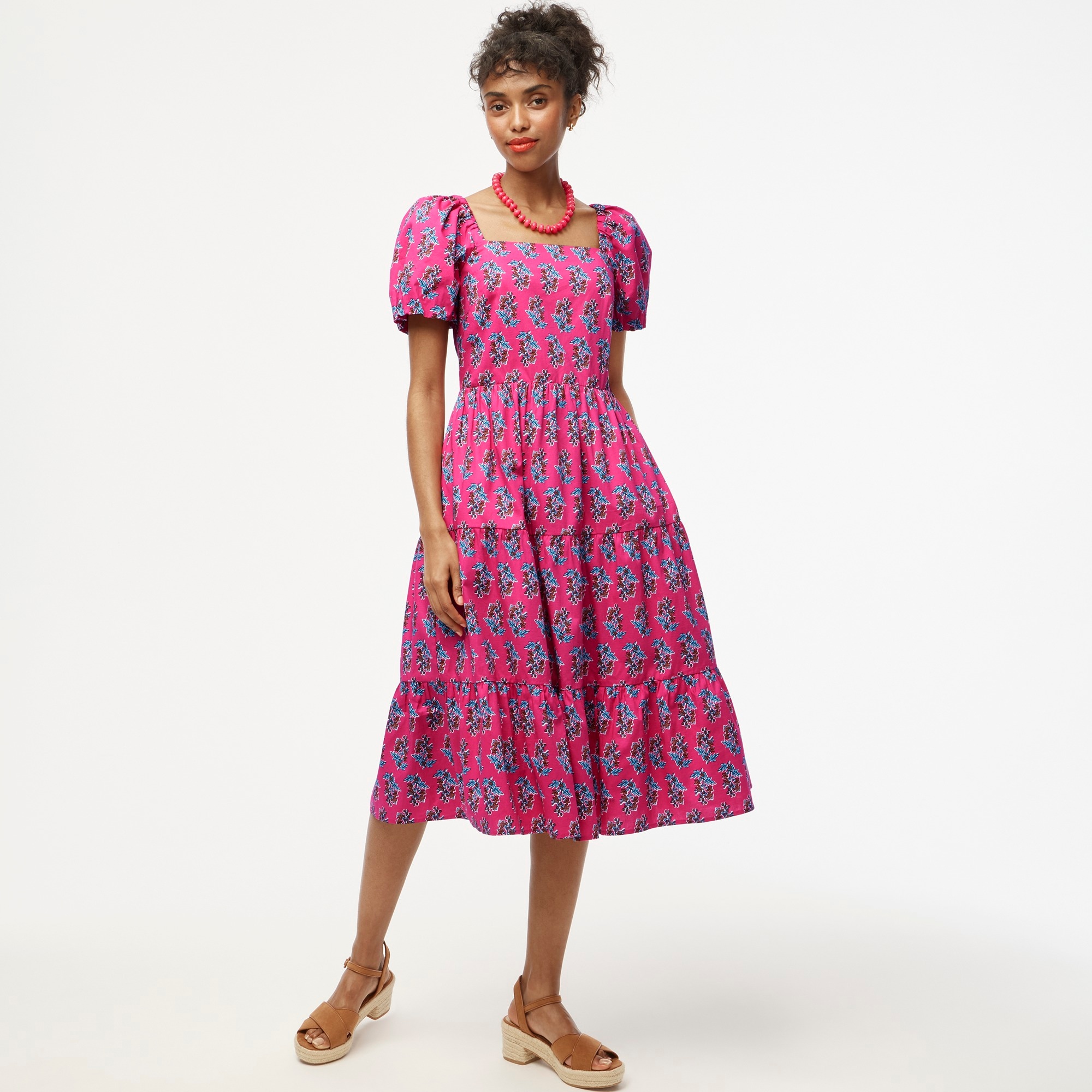 Jcrew Tiered midi dress with puff sleeves