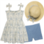 Rabbit + Bear Organic Little Girls Sundress, Bike Shorts and Straw Hat Set - 3-Piece, Sleeveless