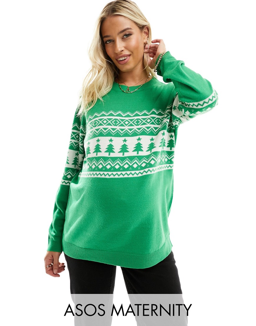 ASOS Maternity ASOS DESIGN Maternity Christmas sweater with placement fairisle pattern in green