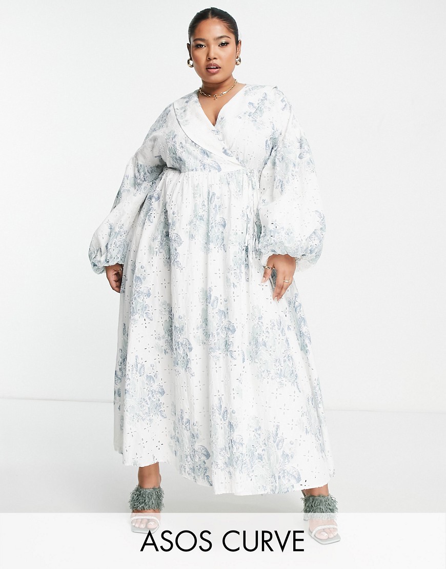 ASOS EDITION Curve wrap smock printed eyelet midi dress with collar in white