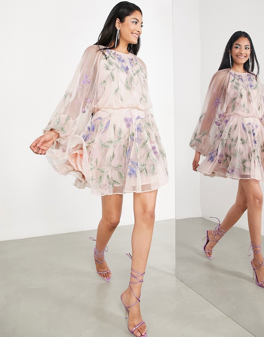 ASOS EDITION floral embroidered mesh mini dress with blouson sleeve in pale pink