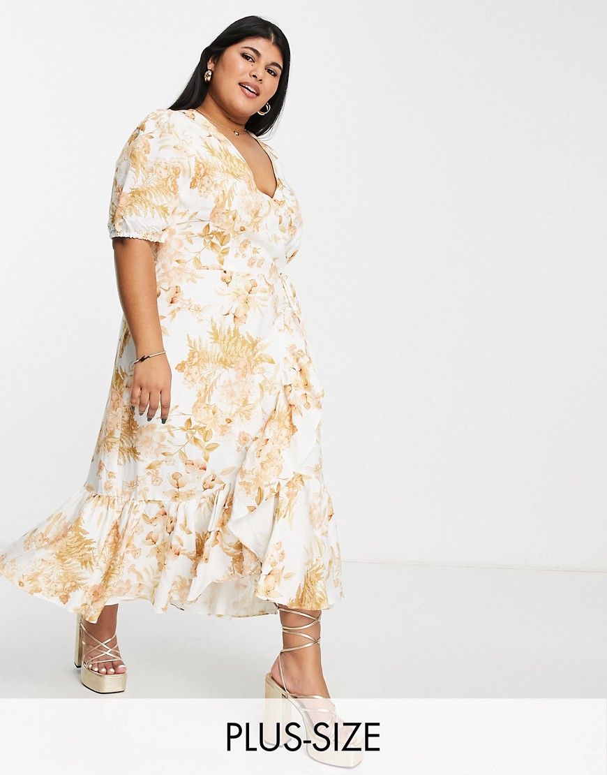 Ever New Curve puff sleeve wrap midi dress in ivory and gold floral