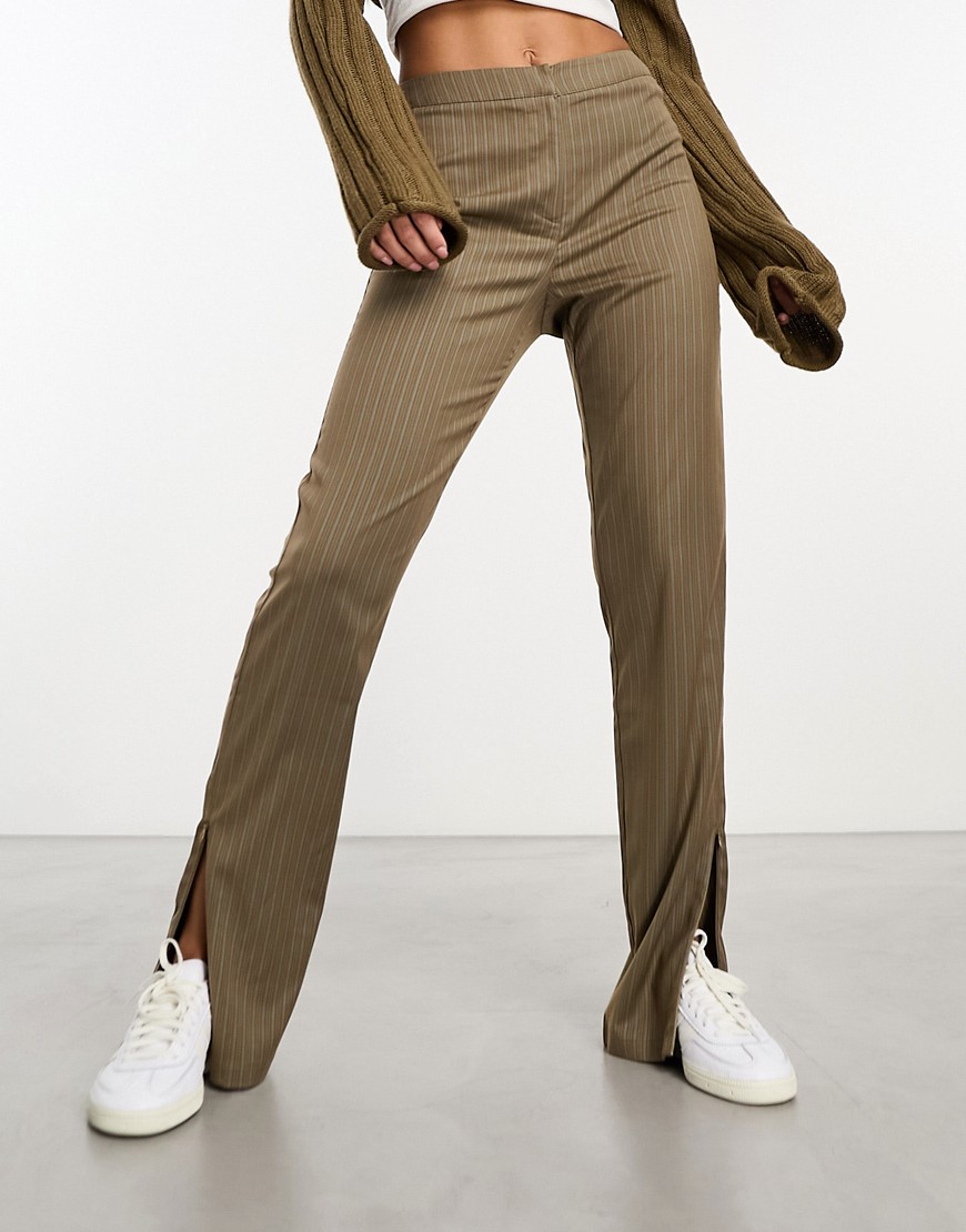 Reclaimed Vintage flare pants with zip side slits in brown pinstripe