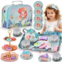 Lajeje 48pc Mermaid Tea Party Set for Little Girls,Birthday Gifts for Age 3 4 5 6 Year Old Girls,Pretend Tin Teapot, Cups, Plates,and Food Sweet Treats Playset for Princess Tea Time Play