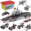 Liberty Imports Military Aircraft Carrier Building Blocks Set 8-in-1 Naval Battleship Model Toy Compatible Bricks Kit with Army Vehicles, Helicopter, Jet & Boats, Storage Box with Baseplate Lid fo
