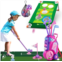 HYES 2 in 1 Toddler Golf Set, Upgraded Kids Golf Clubs with 12 Balls, Cornhole Board & Putting Mat, Shoulder Strap, Indoor Outdoor Sport Toys Gift for Boys Girls Aged 1-5 Years Old