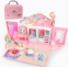 deAO Kids Dollhouse Playset Portable Dollhouse Toy Girls Pretend Playhouse with Furniture & Figures 2 in 1 Playhouse Set Birthday Gifts for Age 3-6 Year Old Kindergarten Toddlers P