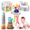 Syahro 5 in 1 Baby Montessori Toys Set Include Shape Sorter Bin with Sound, Baby Tissue Box, Stacking Cups, Pull String Toy, Soft Stacking Rings, Sensory Toys for Infants Toddlers