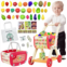 POFJOEQ Kids Shopping Cart Trolley Play Set with Pretend Food and Accessories，Toy Shopping Cart Trolley for Kids Baby with Play Foods, Grocery Shopping Cart Playing Pretend Games (red)