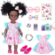 DOTVOSY Black Dolls 14.5 Inch Baby Girl Doll with Clothes and Accessories,African Girl Baby Doll Gift for Girls Kids with Doll Pink Flamingo Theme Dress,Camera,Sunglasses Etc