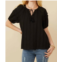 Hayden LA tasseled pleated sleeve crochet textured top in black