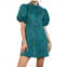 THML gene faux leather button front shirt dress in teal