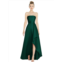 Alfred Sung strapless satin gown with draped front slit and pockets