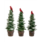 K&K Interiors set of 3 snowy resin trees on pail with cardinal top
