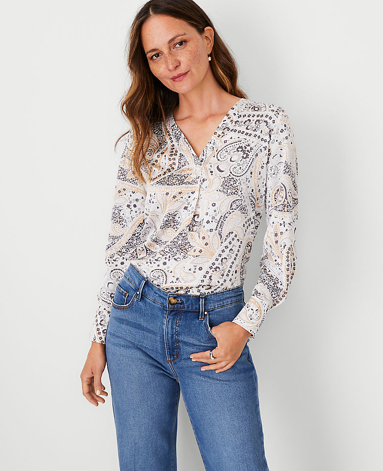 Anntaylor Shimmer Paisley Mixed Media Pleat Front Top