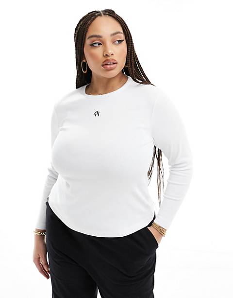 4th & Reckless Plus exclusive embroidered logo ribbed long sleeve top in white