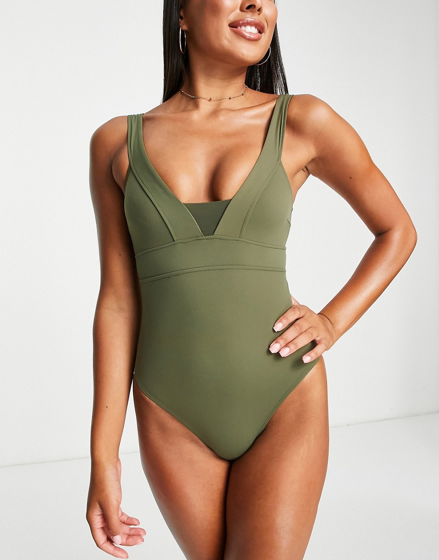 Accessorize plunge front with mesh insert swimsuit in olive