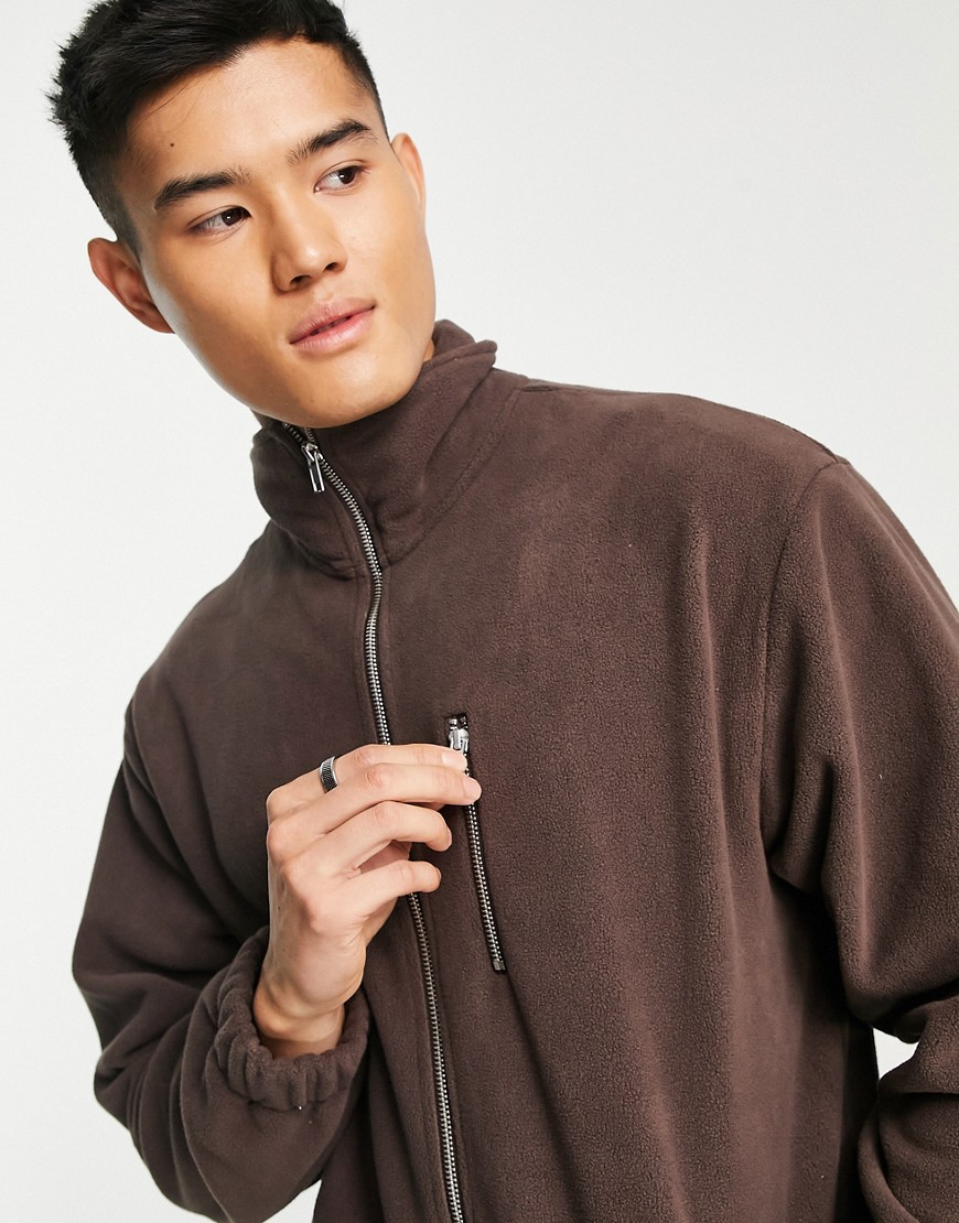 ADPT oversized zip through fleece with technical details in chocolate