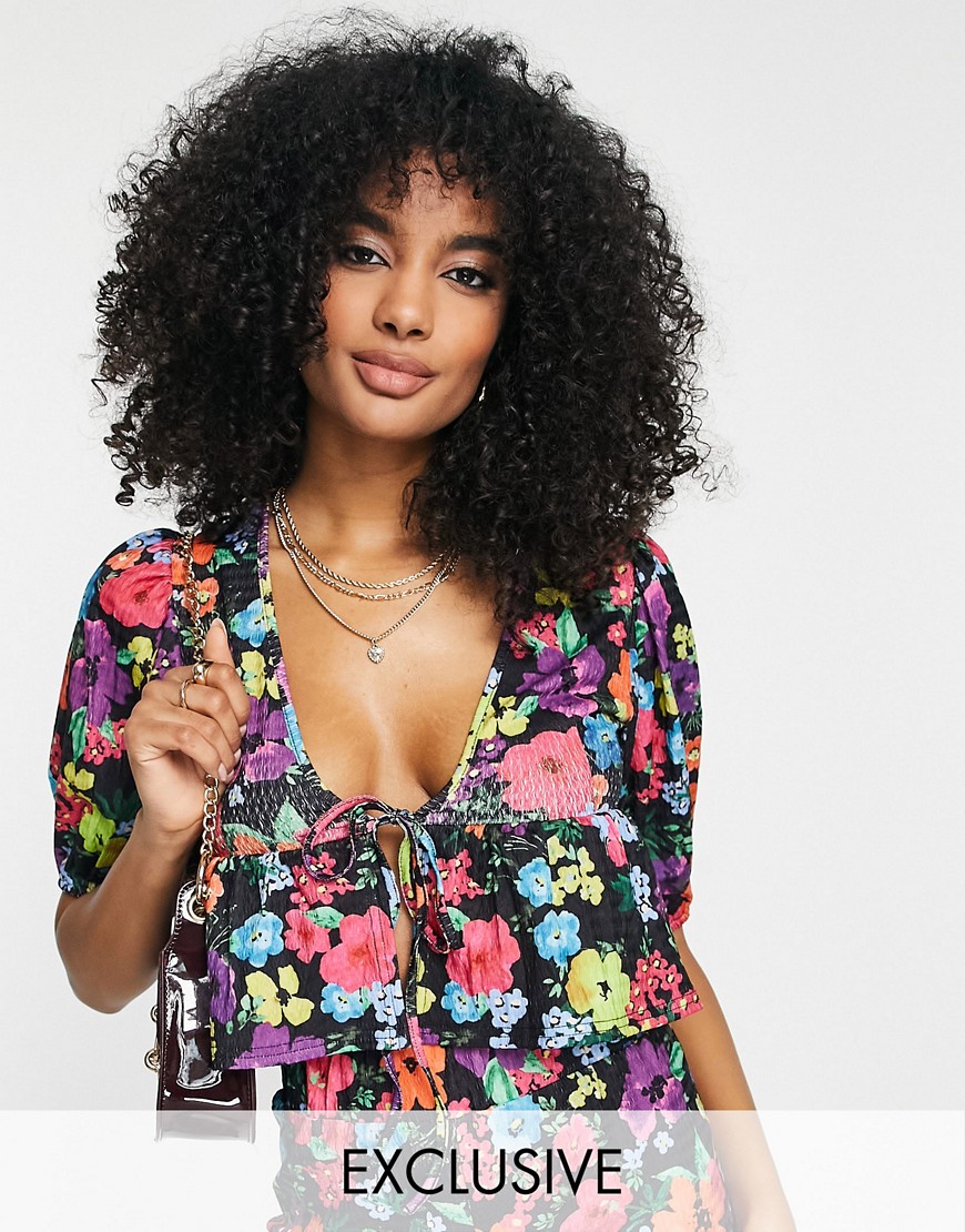 Annorlunda puff sleeve floral cropped blouse in multi - part of a set