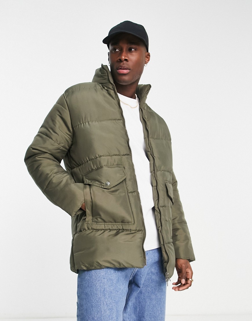 Another Influence utility puffer jacket in khaki